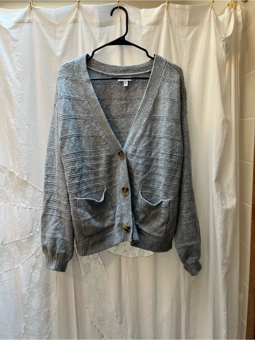 bp Gray Button-Up V-Neck Pocket Cardigan